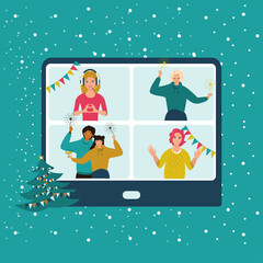 People meeting online video conference on a computer on Christmas holiday. Vector
Christmas online party. Happy friends celebrating new year on video chat. 
