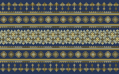 Embroidered pattern Vector illustration. Gold color stitch on indigo blue background. Abstract stitch pattern in Thai hill tribe style. Idea for printing on fabric, cloth design or wallpaper.