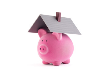 Piggy bank with house roof on white background with clipping path