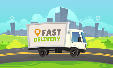 White delivery car ride by road on cityscape background vector illustration. Discount special offer deliver meals. Truck moving goods