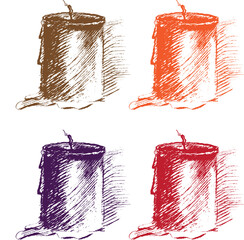 Vector illustration: a set of burning candles drawn by hand in the form of a pencil sketch. Candle, drawn with a pencil. Vector Set of Sketch Candles.