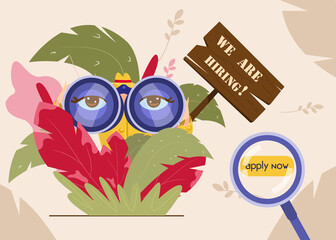 Obraz premium Web page template for recruitment agency. We are hiring concept. Woman detective looking through binoculars for new employees. Flat style.
