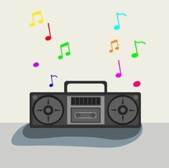 Retro cassette tape recorder with multicolored notes