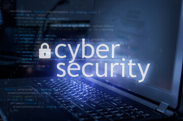 Cyber security inscription against laptop and code background. Cyber security, data protection concept