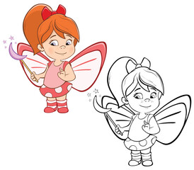 Vector Illustration of a Cute Cartoon Character Little Witch for you Design and Computer Game. Coloring Book Outline Set 