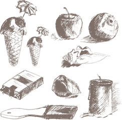 A set of vector objects in the style of a pencil sketch: ice cream in a waffle Cup with an umbrella, a pack of cigarettes, sea shells, apples, a candle, a paint brush.