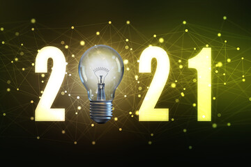 3d illustration shining light bulb with fiber in a shape of New Year 2021