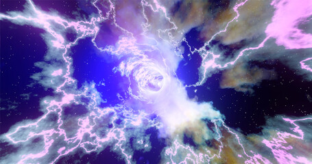 3D rendering. Wormhole in time and space. Movement at the speed of light. Abstract jump into space in hyperspace among colorful stars. Flying through nebulae or gas clusters.