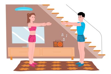 Young boy and girl doing sports physical exercises, home workouts and fitness at home during quarantine and lead healthy lifestyle. Flat vector illustration. Men and women using the house as a gym.