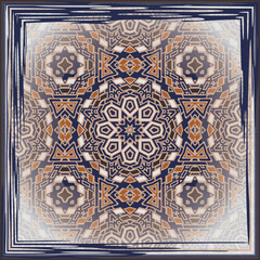 Trendy color seamless mandala pattern in white blue orange  for decoration, paper wallpaper, tiles, textiles, neckerchief, pillows. Home decor, interior design. Frame.