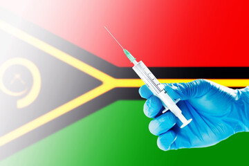 Vanuatu Flag Blurred Background Covid-19, Corona, Selective focused on Syringe Injection