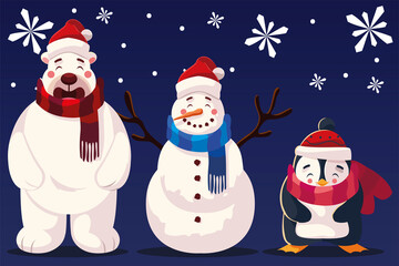 merry christmas bear snowman and penguin vector design