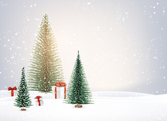 Snowy winter with Christmas trees and gifts.