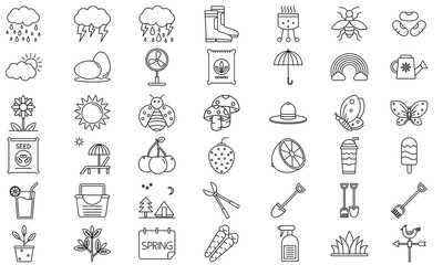 Spring icons set. Garden, Flowers and Gardening Equipment. Linear black outline Style, vector eps 10