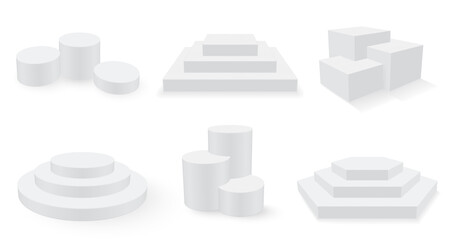 Podiums realistic set for sportsmen, winner, champions. Victory pedestals different shaped.