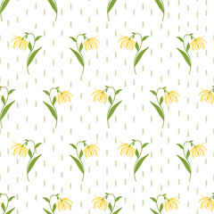 Floral Seamless Vector Pattern with Ylang Ylang or Cananga Flower Branches and Hand Drawn Vertical Thin Short Lines. Yellow and Green Floral Elements on white Background.