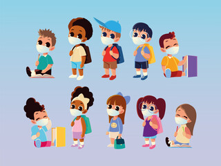 Back to school of boys and girls with medical masks vector design