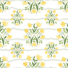 Seamless Block Print Pattern of Ylang Ylang Flowers, Buds, Branches and Leaves with Horizontal Stripes.