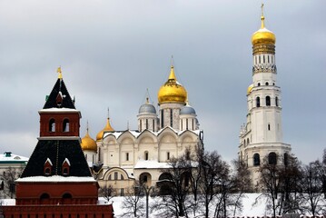 Architecture of Moscow Kremlin in winter. Popular landmark.