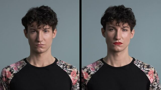Androgyny. Transgender guy with and without makeup. Masculine and feminine characteristics in one person. Split screen. Gender identity concept 4k