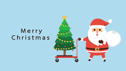 Christmas tree on a Platform Trolley vector. Platform Trolley vector. Santa Claus cartoon.