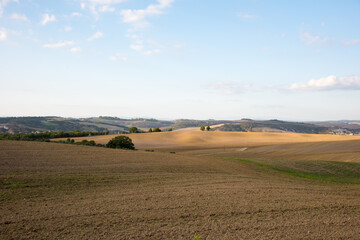 Fototapeta na wymiar It is the scenery near Pienza in Tuscany, Italy. Agricultural land spreads out on the hill under the blue sky.