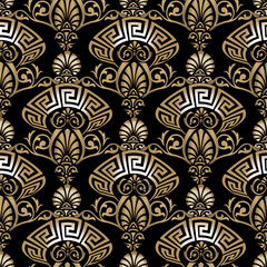 Greek Deco seamless pattern. Gold ancient floral ornaments. Vector ornamental luxury background. Repeat ornate backdrop. Beautiful vintage flowers, greek key, meanders, shapes. Modern elegant design