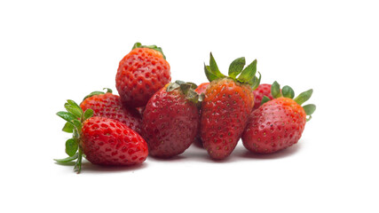Fototapeta na wymiar Close up view a group of fresh red strawberries with leaves on isolated white background.