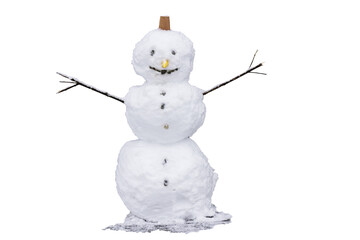 Funny and creepy snowman with branches and a paper cup on his head. Snowman isolate on white background