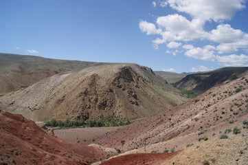 An unusual natural area in the Altai mountains with colored soil similar to the Martian landscape. Natural attraction of Altai. Popular tourist routes in Russia.
