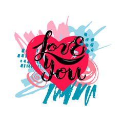 Love You with red heart isolated on white background. Handwritten lettering Love You as graffiti, sticker. Great for Valentine's Day, greeting card, web, t-shirt design.