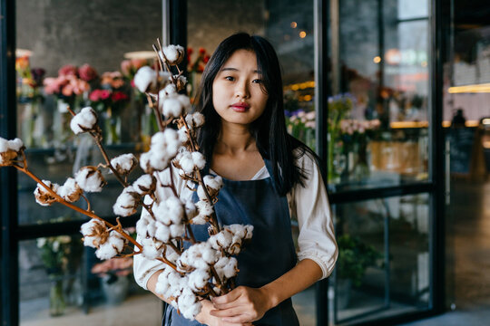 Friendly Asian florist or Saleswoman wearing apron with raw cotton flowers in a modern loft flower shop interior. Creative work at the flower shop. Floristics business, winter decoration concept.