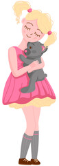 A girl in a pink fluffy dress tightly hugs an owl toy, a soft gray bear
