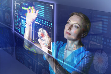 Mature female doctor using virtual screen on dark color background