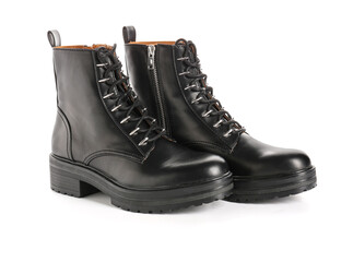 Leather female boots on white background