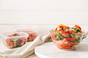 Frozen vegetables in bowl on light background