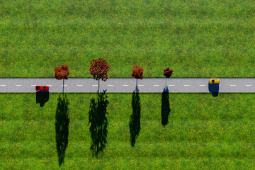 A bird's-eye view of the road across a vast grassland with four red trees and a yellow car and a red car running on the road.