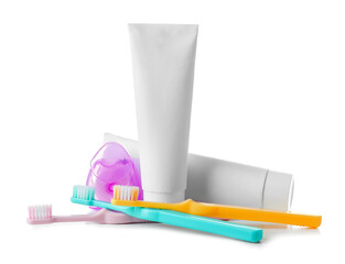 Set for oral hygiene on white background