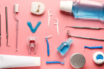 Set for oral hygiene on color background