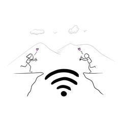 funny character lovers coming together with wifi connection vector illustration doodle hand drawn with black lines isolated on white background
