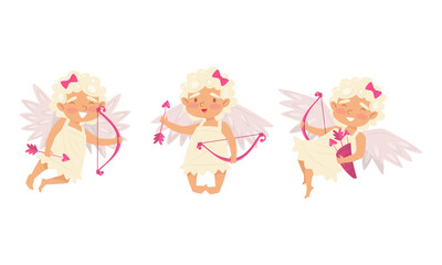 Obraz na płótnie Canvas Winged Chubby Girl Cupid with Bow and Arrow Vector Set