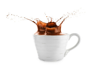 Cup with splash of hot chocolate on white background