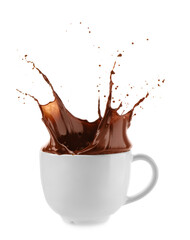 Cup with splash of hot chocolate on white background