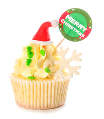 Tasty Christmas cupcake on white background