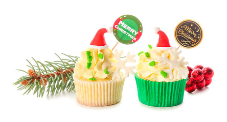 Tasty Christmas cupcakes on white background