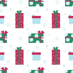 Geometric holiday pattern with multicolored gift boxes and snowflakes on white background