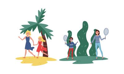 Young Woman with Her Daughter Playing Badminton and Walking Along Beach Vector Illustration Set