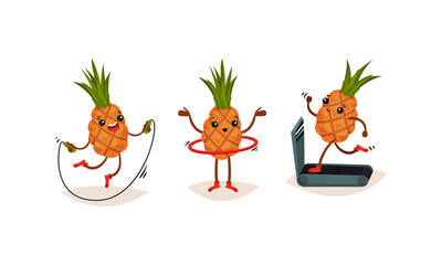 Cute Pineapple Running on Treadmill and Jumping Rope Vector Set