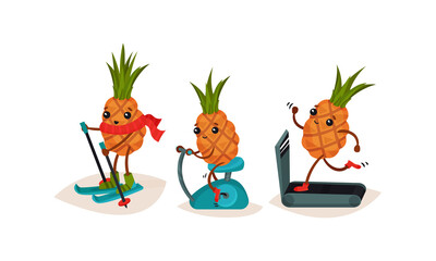 Obraz premium Cute Pineapple Skiing and Running on Treadmill in Gym Vector Set