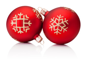 Two Christmas red decoration baubles isolated on white background